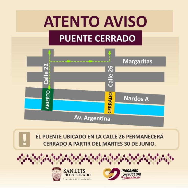Anuncia 30 Ayuntamiento cierre temporal del puente de la calle 26 por rehabilitación